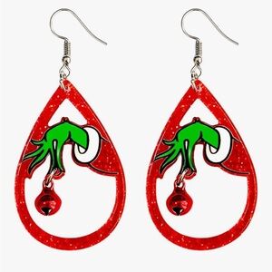 Grinch Hand Christmas Bell Dangle Drop Earrings NEW Red Green